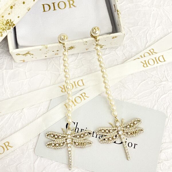 DIOR-Tassel Pearl Dragonfly Rhinestone Stud Earrings #2363